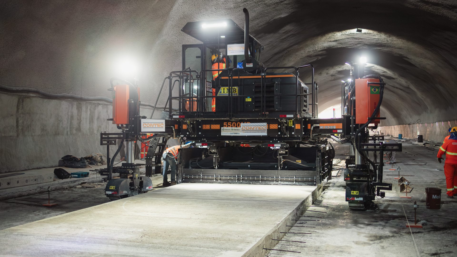 IMB 5500HD concrete paver laying pavement inside a tunnel